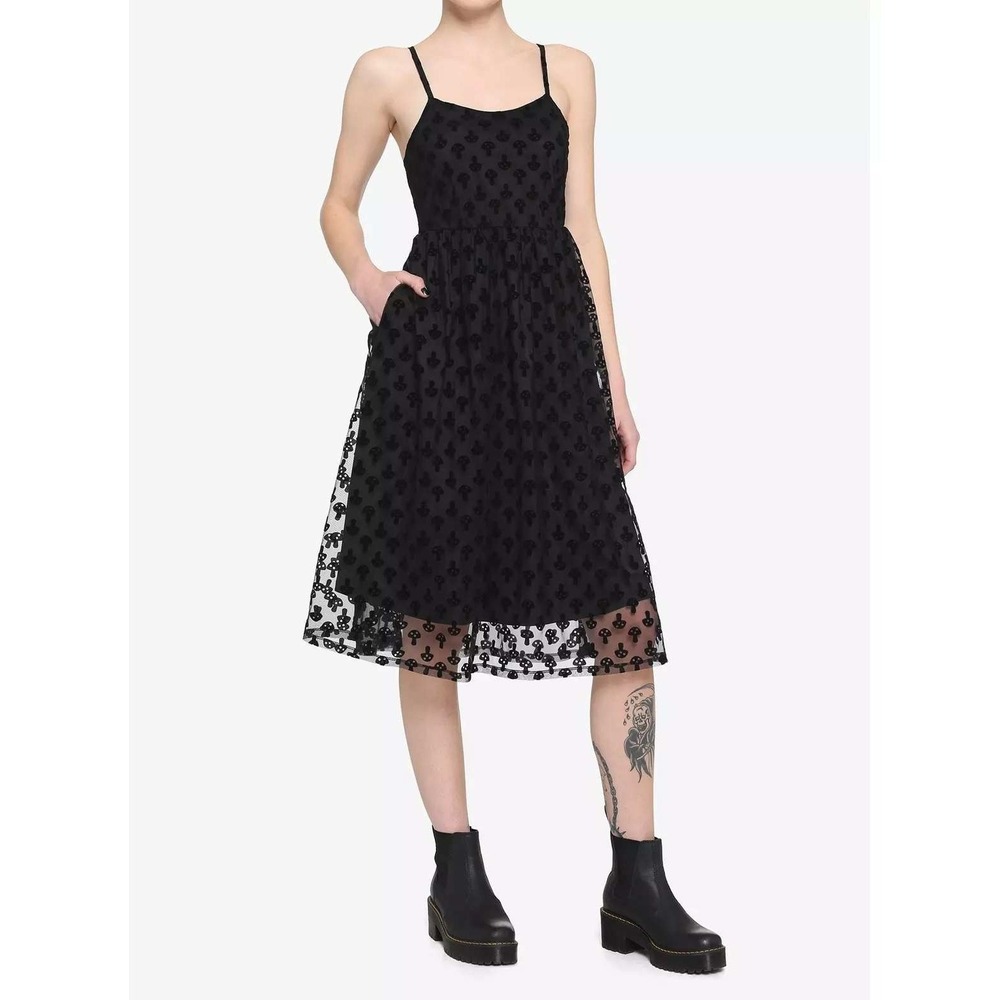 Hot Topic Black Mushroom Flocked Mesh Overlay Midi Dress Small Goth Halloween